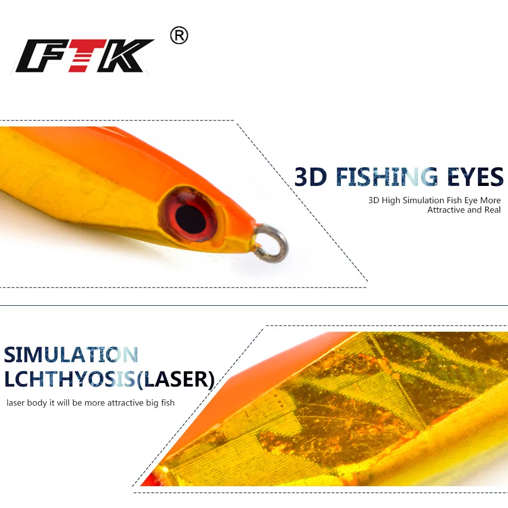 FTK 20g 30g Hard Metal Micro Deep Sea Lead Jig Lure 5.3/6cm Sinking Jigging Fishing Bait Tackle Wobbler With Treble Hook