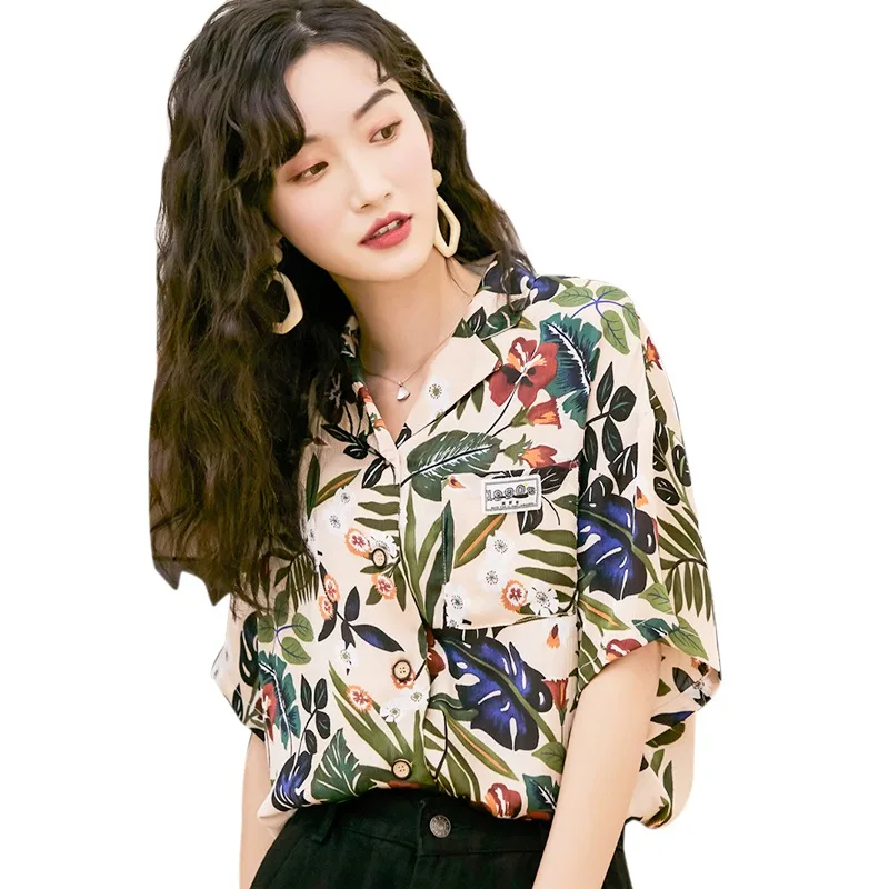 

Hawaiian Summer Blouse Women's Top Fashion Leaves Print Camisa Turn-Down Collar Short Sleeve Chiffon Shirt Vetements Femmes