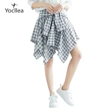 Хлопковая льняная Асимметричная юбка с поясом, рубашки в клетку, короткие юбки, faldas mujer moda, летняя женская юбка rojke