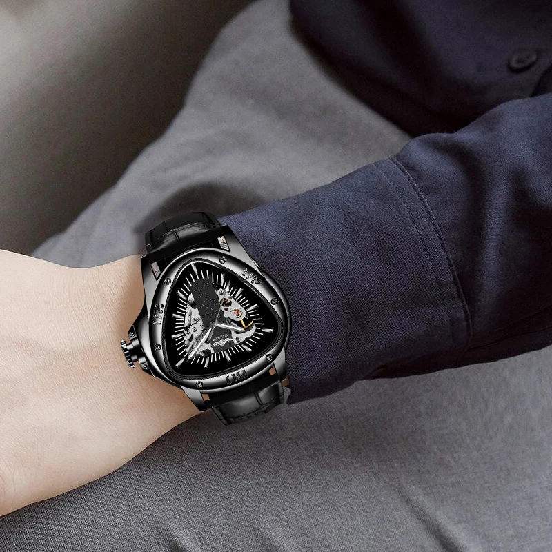 Winner полностью черные уникальный треугольный циферблат дизайн светящиеся ручные спортивные часы мужские механические Автоматические часы Лидирующий бренд роскошные часы
