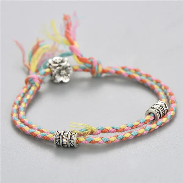 Bohemia Multicolor Rope Braided Bracelets& Bangles For Women Men Chic Tibetan Silver Flower Beads Bracelet Jewelry Wholesale - Окраска металла: pink