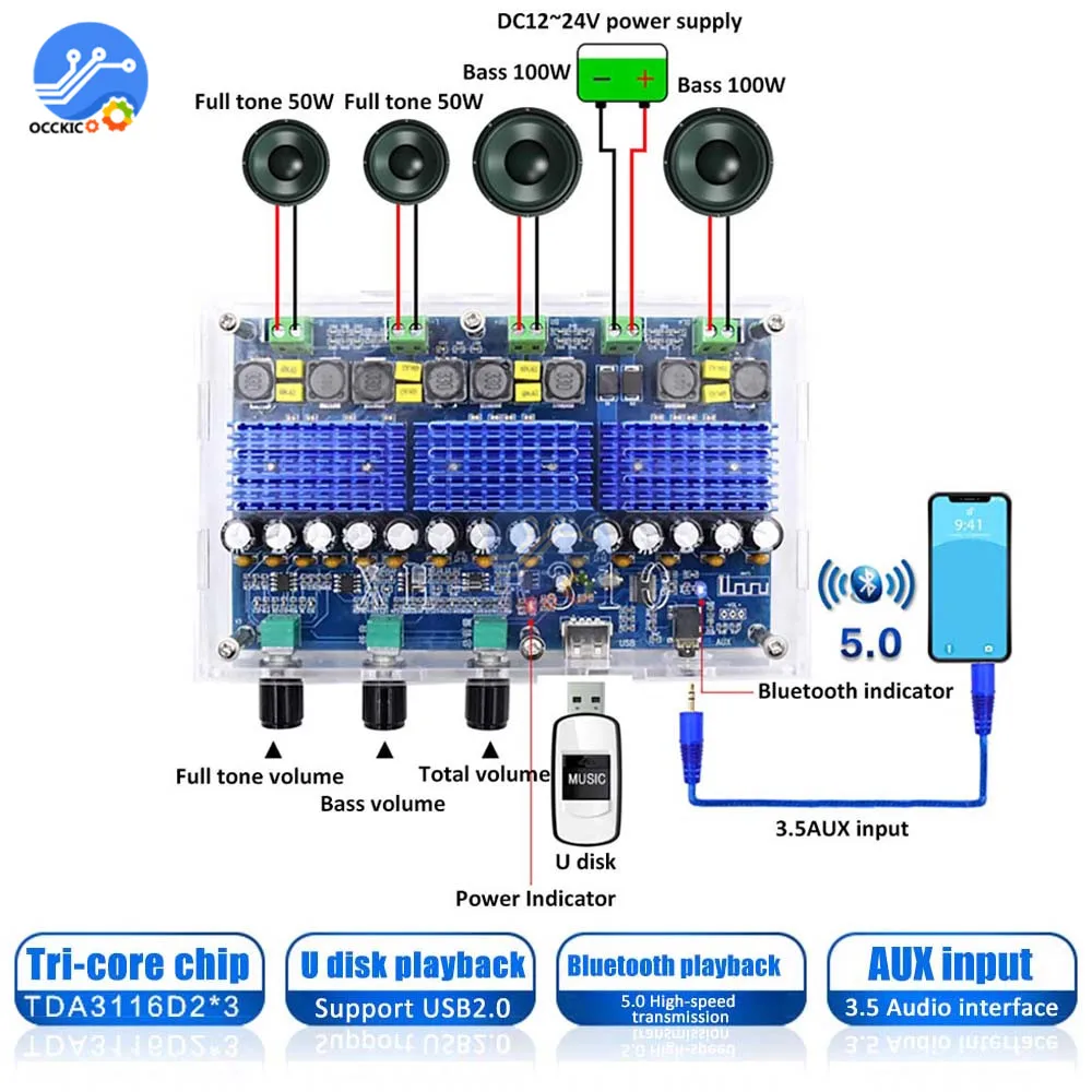 XH-A310 Bluetooth 5.0 Amplifier Board TPA3116 Audio 50Wx2+100Wx2 4 Channel Digital Power AMP Dual Bass Subwoofer Home Theater