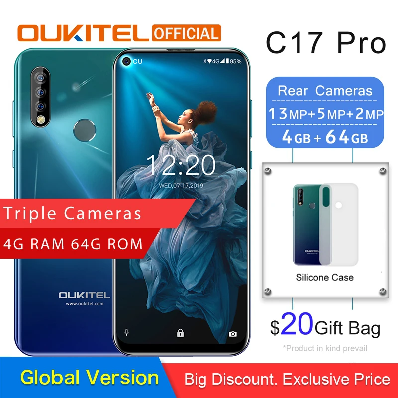 

OUKITEL C17 Pro 6.35"19.5:9 Android 9.0 Smartphone MTK6763 Octa Core 4G RAM 64G ROM Rear Triple Cameras Dual 4G LTE Mobile Phone