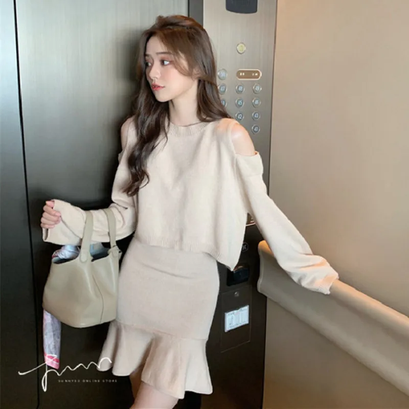 photo color suit BLLCUE осенний Модный корейский женский вязаный сексуальный пуловер с открытыми плечами свитер+ юбка рыбий хвост костюм комплект одежды из 2 предметов - Цвет: photo color suit