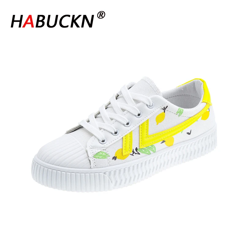

HABUCKN Women Sneakers Colorful Thick Sole 2020 spring and fall Fashion Trends Lace Up Women White Canvas Shoes Cookie Shoe
