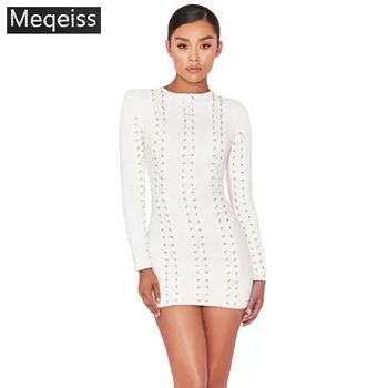 

2018 New autumn long sleeve O neck women bandage dress sexy bodycon lace up dress evening party elegant white dresses vestidos