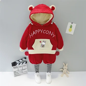 

HYLKIDHUOSE Winter Toddler Infant Newborn Clothes Baby Girls Boys Clothing Sets Plush Hooded Tops Pants Children Kids Costume