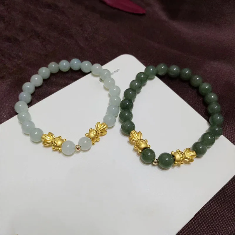 

999 24K Yellow Gold Bracelet Real Gold Double Fish Oil Green Bead Jade/Jadeite Beads For Women Female 's Bracelet