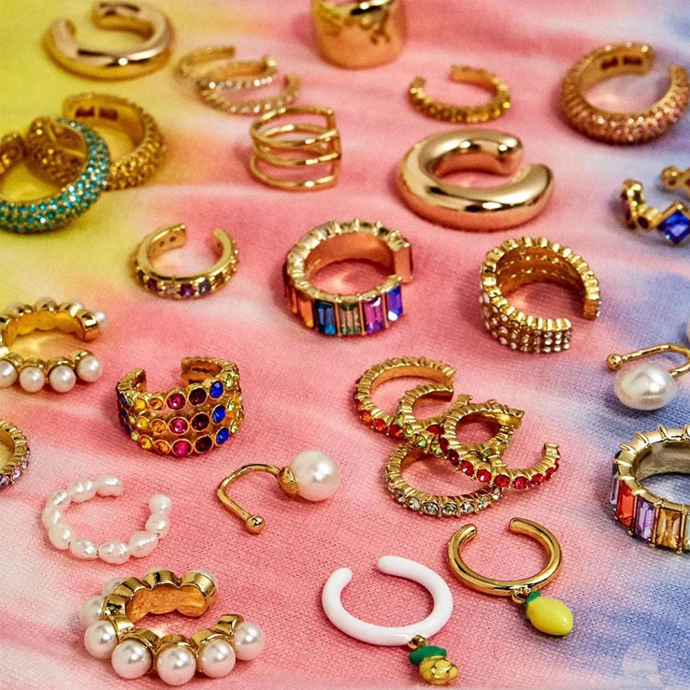 

Flatfoosie Trendy Pearls Ear Cuff Earring For Women Girls Rainbow Crystal C-Shape No Pierced Small Clip Earring Boho Ear Jewelry