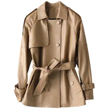 Cute Slim Fit Medium Length Khaki Overcoat with Belt Classic 2021 New Real Leather Office Coat Women's Spring Sheepskin Jacket