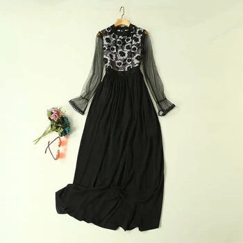 

HIGH QUALITY Newest 2020 Runway Stylish Women's Elegant Flare Sleeve Flowers Lace Patchwork Black High Split Maxi Long Dress