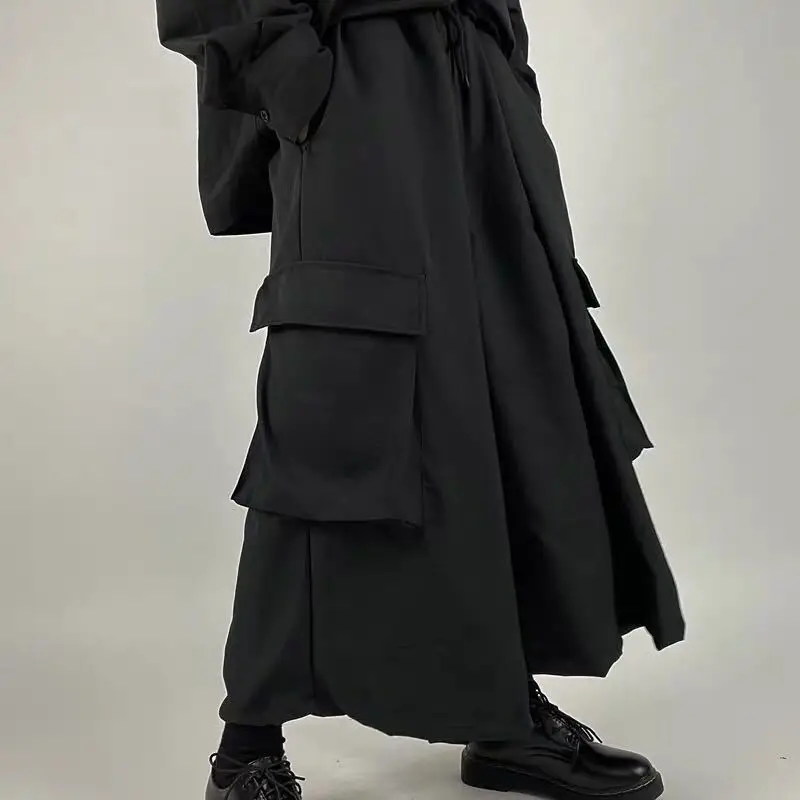 Large swing high-quality black wide-leg pants with slits female summer fall feeling nine-point tooling large pocket hakama trend
