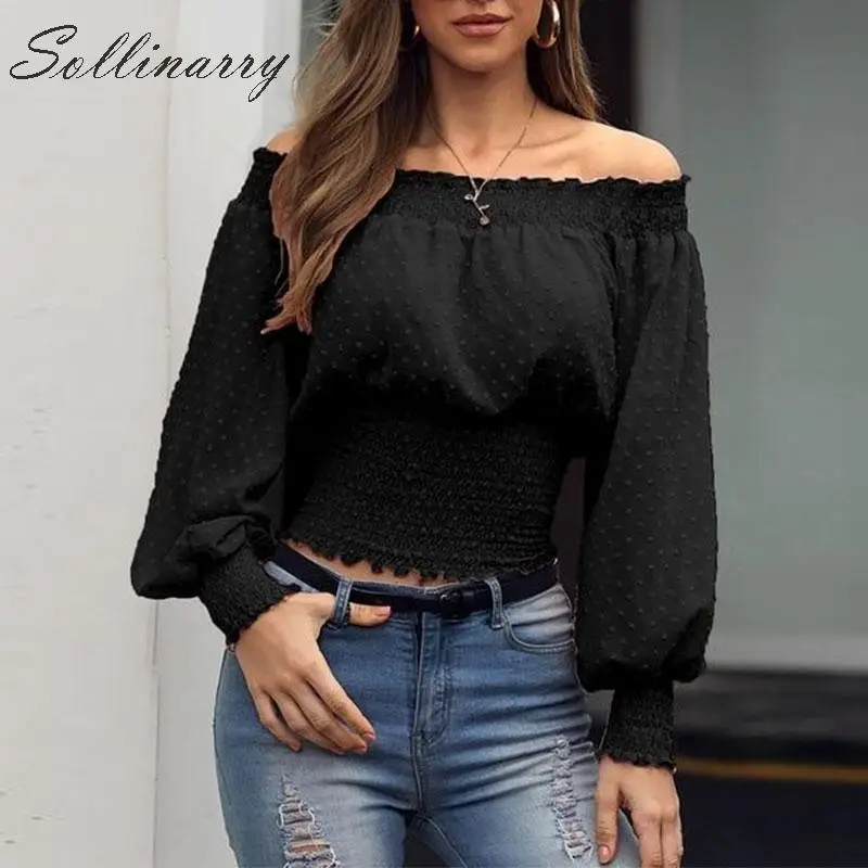 Sollinarry уличная твист шик топы и блузки для женщин с открытыми плечами сексуальные рубашки дамы горошек блузки в богемном стиле рубашка с оборками