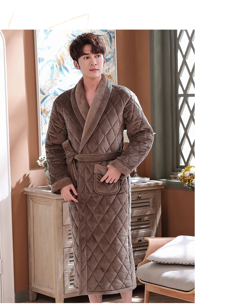 Men's Winter Plush Quilted Lengthened Shawl Bathrobe Home Clothes Long Sleeved Robe Coat men robe thick pijamas hombre robes 3XL
