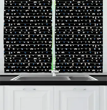 

Charcoal Grey Mollusk Kitchen Curtains Horizontally Arranged Necklace Seashells Chain and Marine Elements Window Drapes