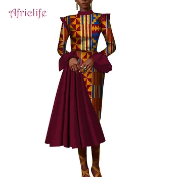 

Mid-Calf Party Evening Dresses Bazin Riche Women Dresses African Wax Cotton Ruffles Sleeve Dresses for Women Clothes WY4196