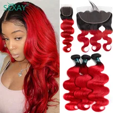 

Sexay Ombre Red Body Wave 4 Bundles With Frontals 10A Remy Human Hair Dark Roots T1B Red Peruvian Body Wave Bundles With Closure