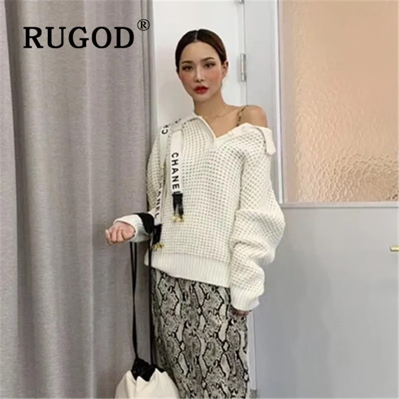 RUGOD корейские однотонные теплые свитера, пуловеры для женщин с отложным воротником, свободные вязаные свитера, новые зимние модные женские повседневные топы