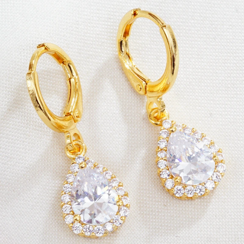 Женские Классические сережки-капли с кристаллом циркония золотые белые Висячие
