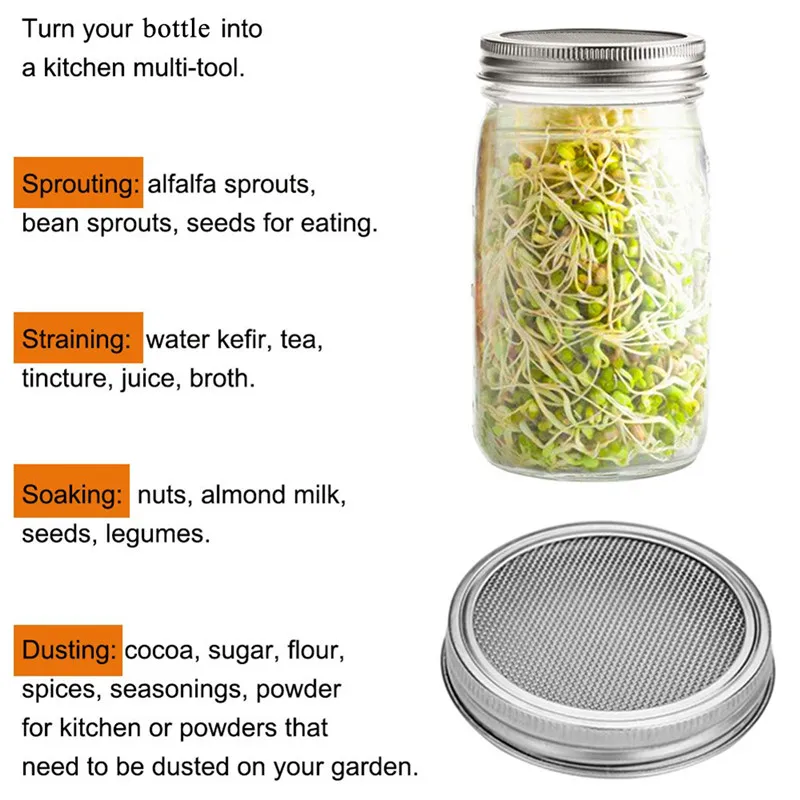 4 шт семян Sprouter прорастание крышка Sprouting банка с завинчивающейся крышкой с крышкой из нержавеющей стали Germinator для баночки с широким горлышком