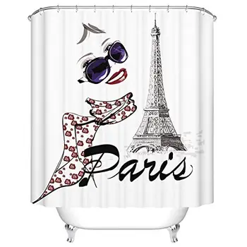 

Hook Shower Curtain Set, Woman in Paris Close to The Eiffel Tower, Anti-peep Bath Curtain in Bathroom, Polyester Fabric and