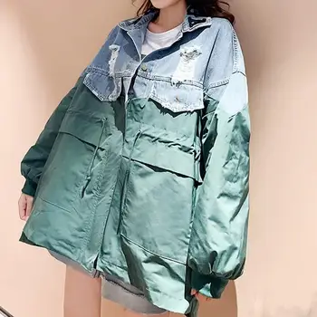 

2019 Women Casual Pockets Patchwork Denim Jacket Spliced Korean Zipper Pleated Jacket Loose Drawstring Ripped Long Jacket