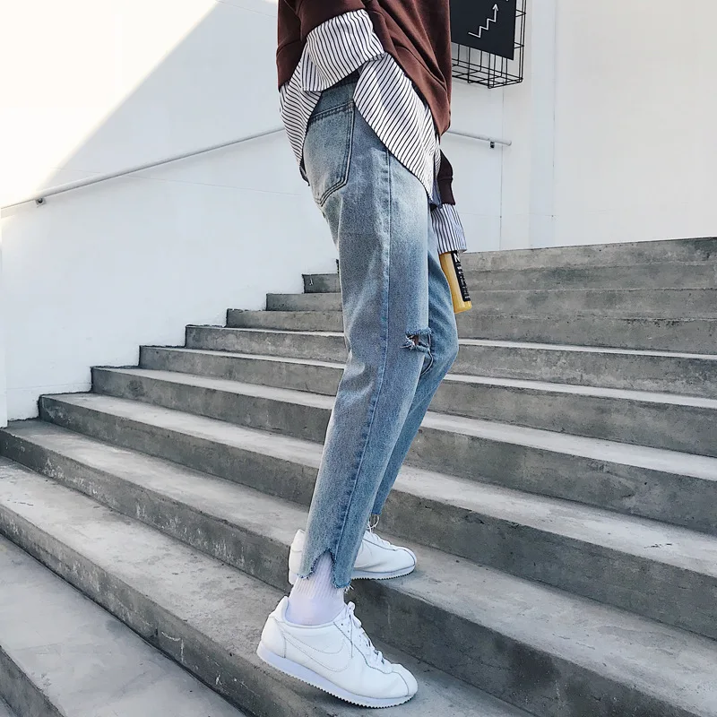 

Fashion Hole Ankle Length Mens Jeans Brand Casual Loose Denim Pants Solid Mens Clothing Big Size