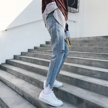 

Fashion Hole Ankle Length Mens Jeans Brand Casual Loose Denim Pants Solid Mens Clothing Big Size