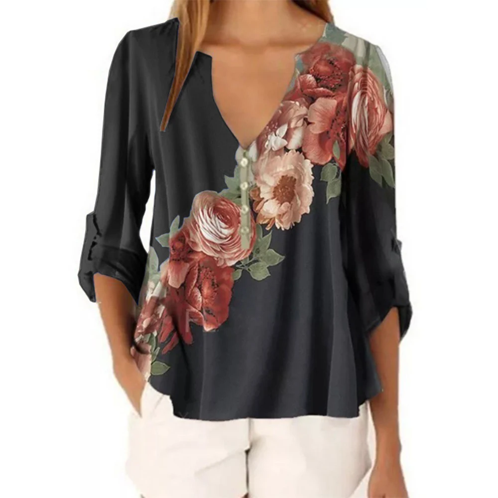 

Summer Floral Print Women Blouse Plus Size Blouses 3/4 Sleeve Sexy Deep V Neck Beach Shirt Office Work Shirt Blusas Feminina Top