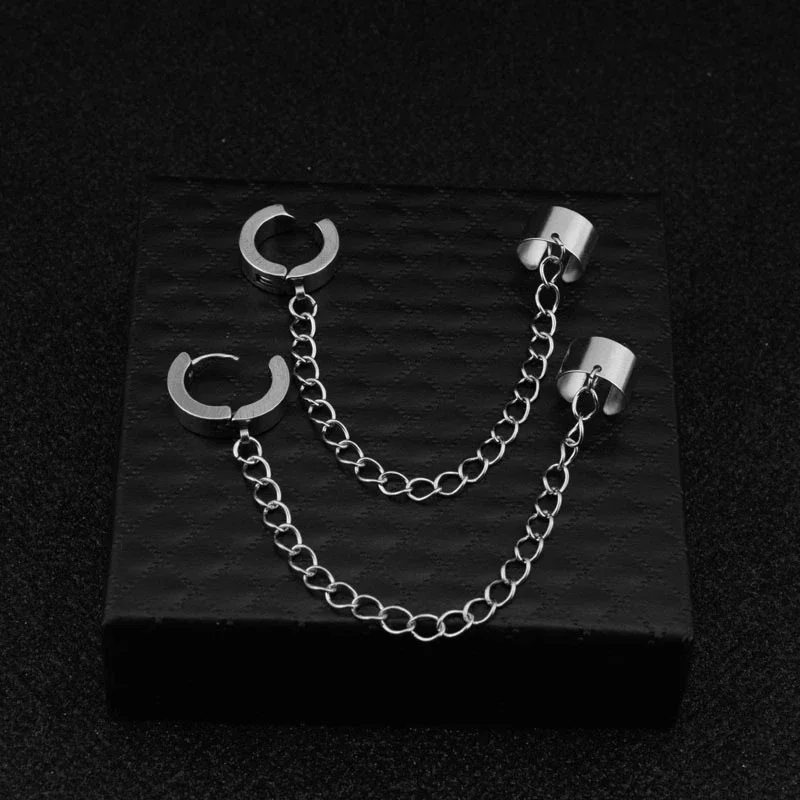 1Pc Titanium Steel Ear Cuff Clip Dangle Drop Chain Earrings for Men Women Punk Rock Goth Cool Hip Hop Kpop Earring Jewelry Teens