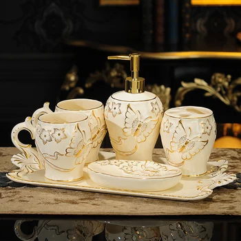 

Bathroom Accessories Set Ceramic Toothbrush HolderSoap Dish Soap Dispenser Gargle Cup European Style Bathroom Set Wedding gifts