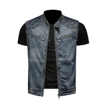 

Men's Motorcycle Riding Denim Retro Blue Embroidered Zipper Pocket Sleeveless Jacket Punk Vest Denim Fashion Vest M-6XL