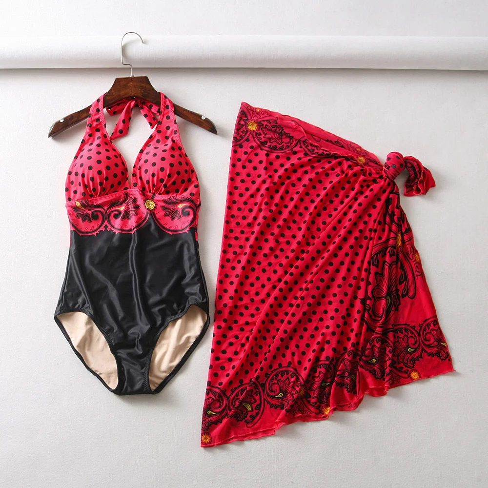 

Women Sexy Deep V One-piece Dot Print Swimsuit With Beach Shawl Swimwear Set