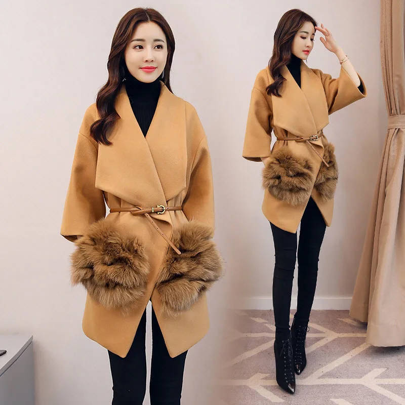 

2019 NEW fashion fur Pocket Belt Woolen Coats Autumn Winter Women's Jackets ladies slim 3/4 Sleeve Wool Outerwear V968