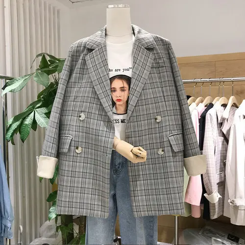 

2019 Fall Suit New Women Plaid Small Suit Coat Women Double Breasted Plaid Button Women Jackets and Coats Suit
