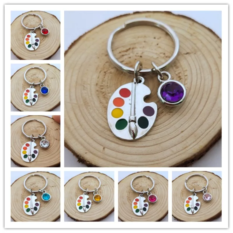 

1pcs Painters Tools-Palette & Brush Keychain Christmas stone Jewelry Pendant Key Chain Ring DIY Fit Keychain