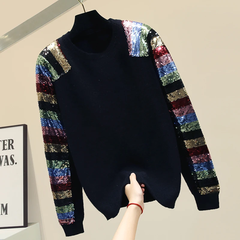 Цветной свитер с пайетками, женский осенний свитер, наряды для женщин, новинка, зимний, с блестками, длинный рукав, толстый, теплый, вязаный Топ, свободный свитер