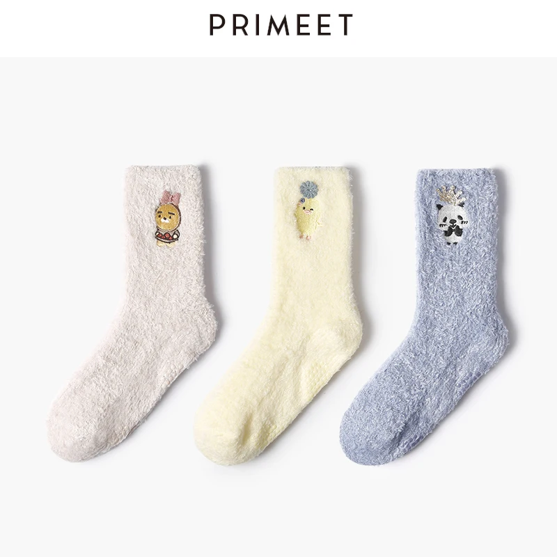 3 пары, женские зимние теплые носки, Забавные милые Мультяшные животные, kawaii, толстые коралловые бархатные противоскользящие домашние носки, панда, собака, корейский стиль