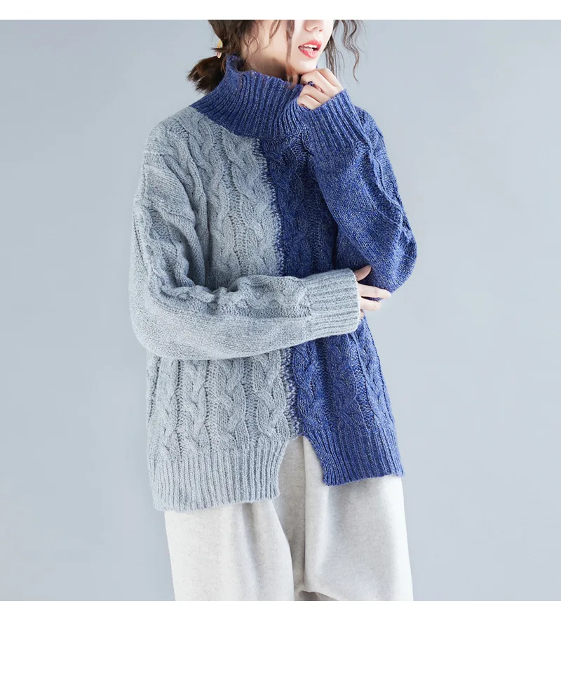 Новинка, Повседневный свитер с высоким воротом для женщин, Зимний свитер в стиле пэчворк, популярные цвета, Свободные корейские теплые вязаные нестандартные свитера