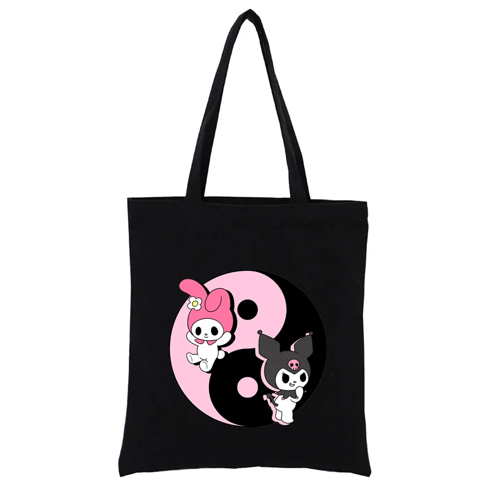 Little Black Bunny Cat Rock Reusable Shopping Bag Women Canvas Tote Bags Printing Eco Bag Cartoon Shopper Shoulder Bags Black