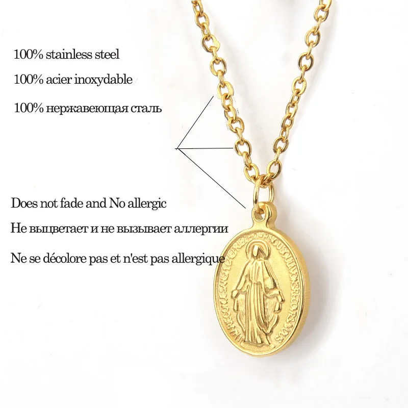 Gold Stainless Steel Virgin Mary Necklaces For Women Cross Virgen Maria Medallion Pendant Choker Colgante Medalla Mujer