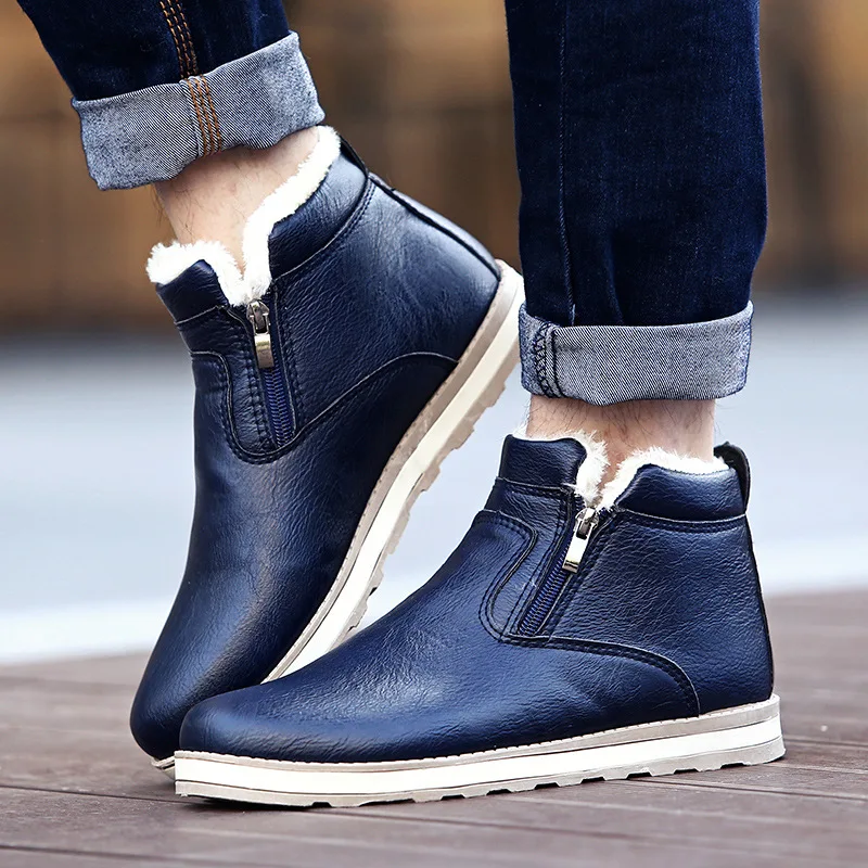 Мужские кожаные зимние ботинки; Ботильоны на молнии; зимняя обувь с высоким берцем; нескользящие походные ботинки с меховой подкладкой - Цвет: Синий
