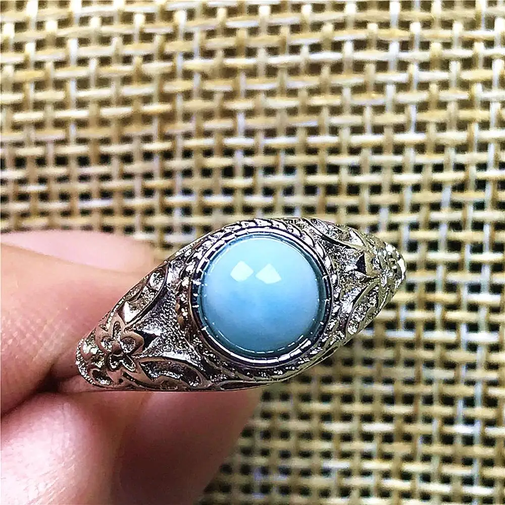 

6mm Top Natural Blue Larimar Ring For Women Lady Man Crystal Adjustable Size Silver Gemstone Anniversary Gift Jewelry Ring AAAAA