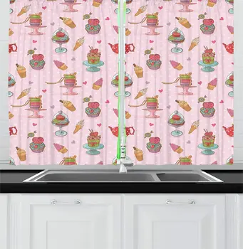

Ice Cream Decor Curtains Living Room Bedroom Multicolor Window Drapes for Kitchen Retro Cupcakes Teapots Candies Cookies on Polk