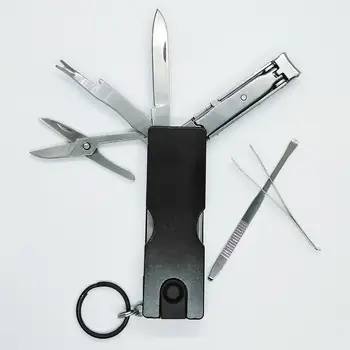 

Multitool Keyring Accessories with LED Flashlight Scissors Nail Cleaner Ear picks Tweezers Nail Clippers for Travel and Camping