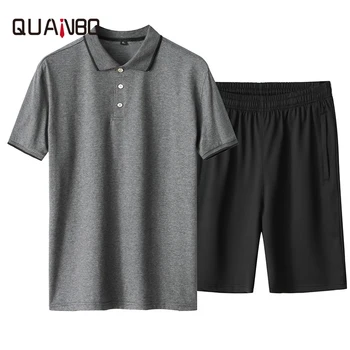 

2020 summer new men clothing fashion sportswear set fitness solid color men shorts + polo shirts men's suit 2 pieces sets 5XL