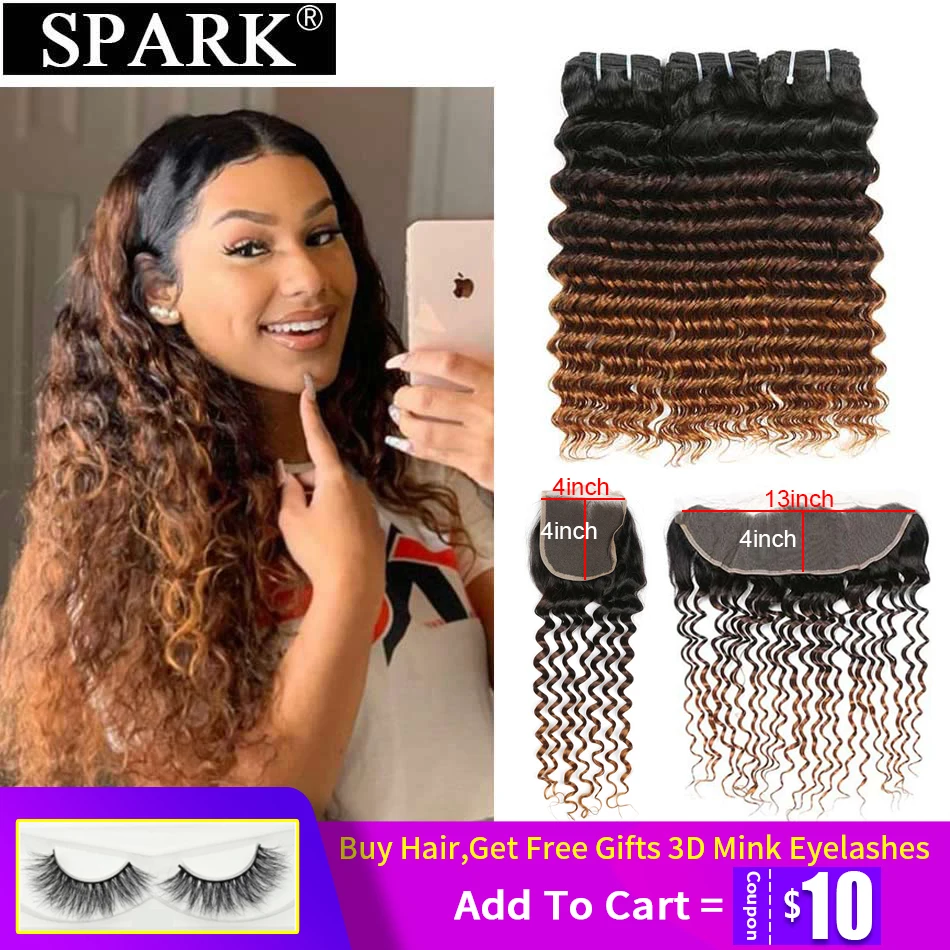 

Spark Ombre Deep Wave Hair Bundles With Closure Human Remy Hair Deep Curly Bundles With Frontal Hair Weave For Black Woman