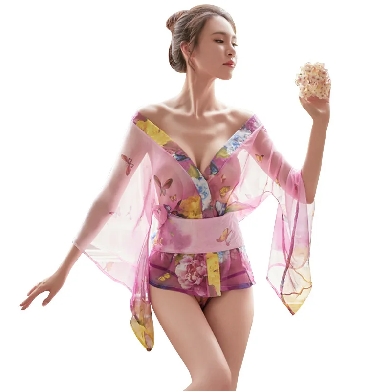 Women Sleepwear Sleepwear Pajamas Sexy Lingerie Printed Chiffon Kimono Bathrobe Female Nightdress Pajamas Dressing Gowns For Women Robe Sets Sleepwear
