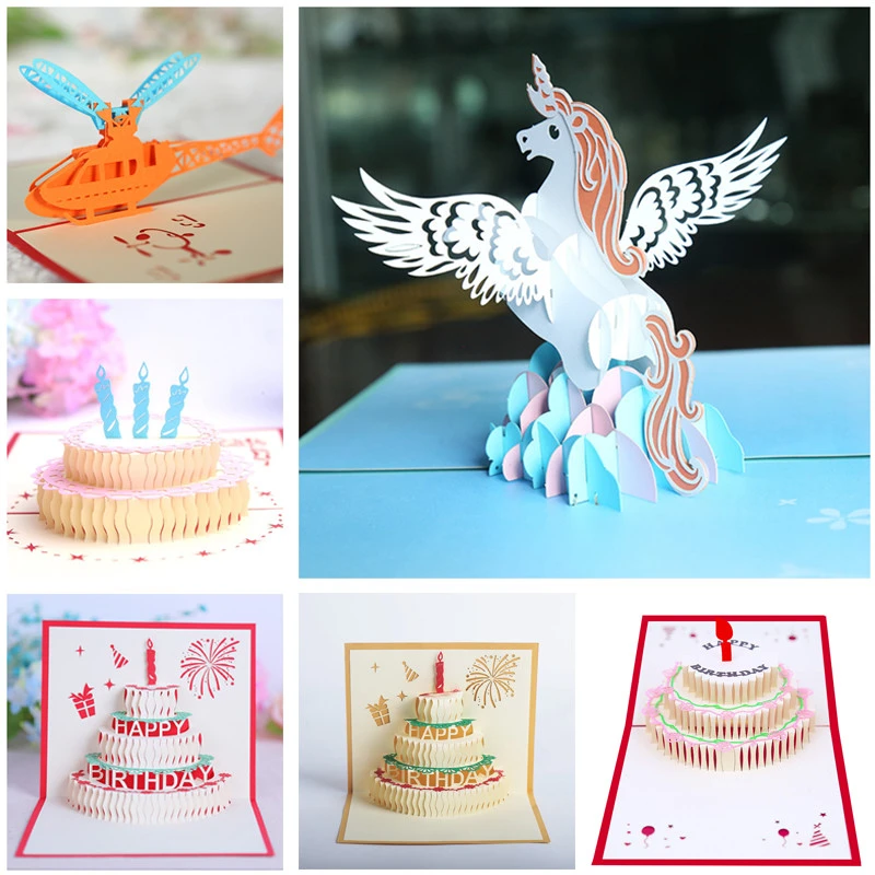 Cartes D Invitation D Anniversaire Gateau D Avion Licorne 3d Pop Up Cartes D Invitation Vierges Origami Fabriquees A La Main Aliexpress Maison Animalerie