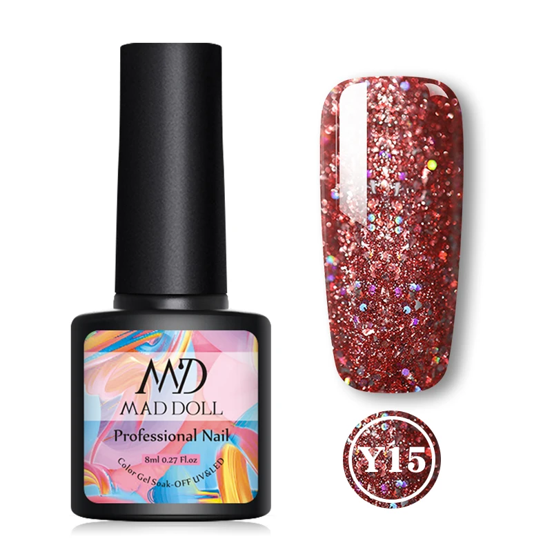 Y15 MAD DOLL 1 бутылка 8 мл мерцающие частицы Гель-лак для ногтей красочные Блестящие Блестки длительное впитывание УФ Гель-лак для ногтей - Цвет: Y15